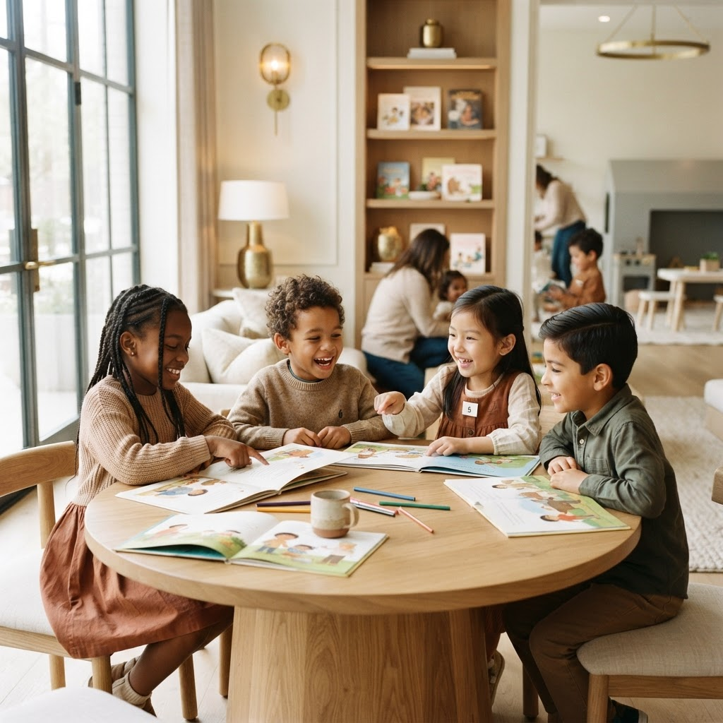 Students reading together in a warm learning space