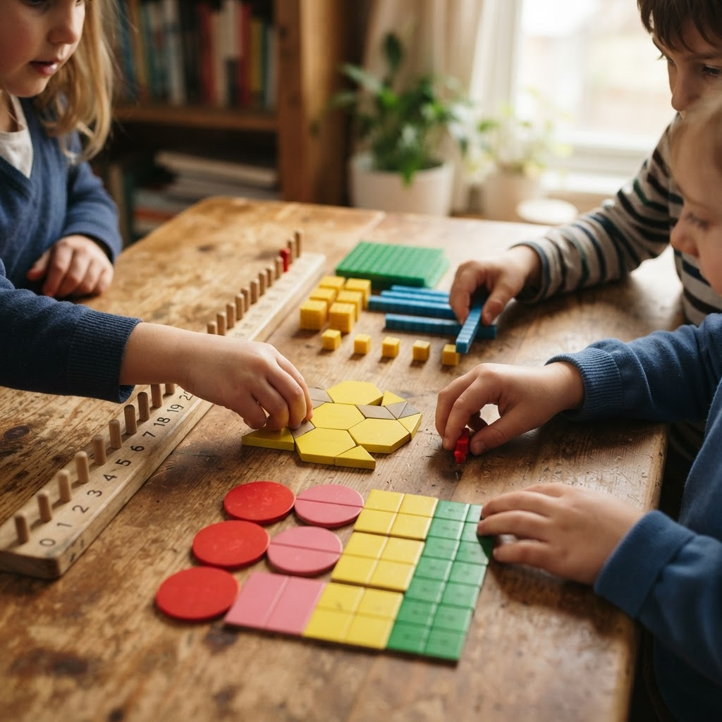 Hands-on math manipulatives including base-ten blocks and fraction tiles