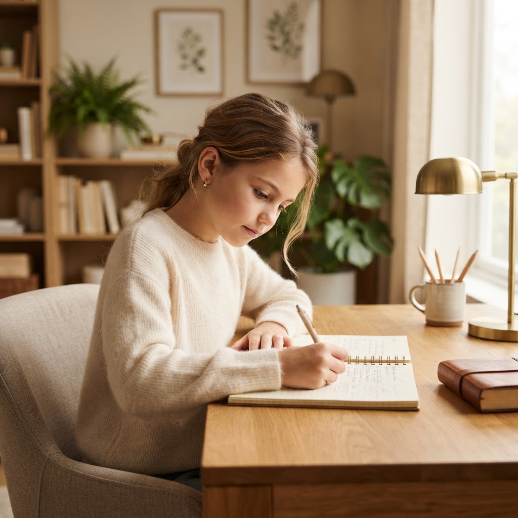 A student writing thoughtfully at a desk